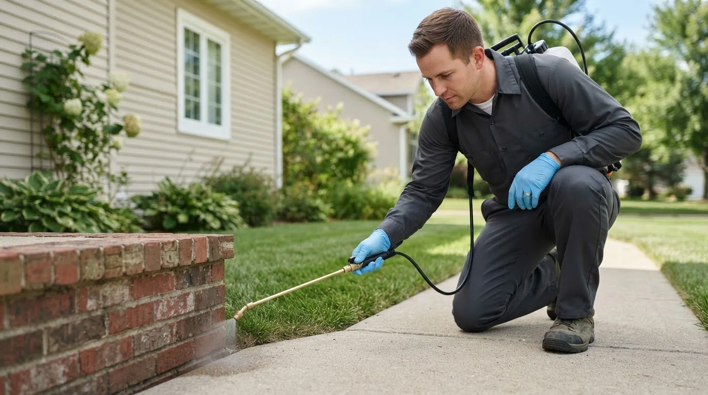 Pest control technician treating a home near Haverhill, NH